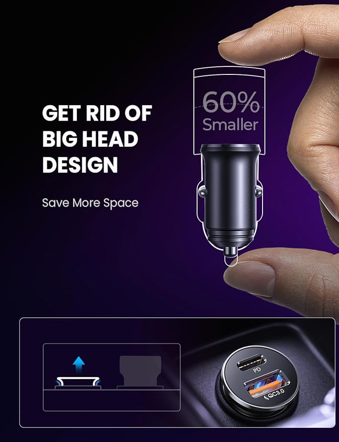 Adaptateur chargeur de voiture USB C 69 W 12 V Prise USB [USBC 36 W + PPS 33 W] 60 W Câble USB C PD3.0 Chargeur de téléphone de voiture allume-cigare Chargeur USB 