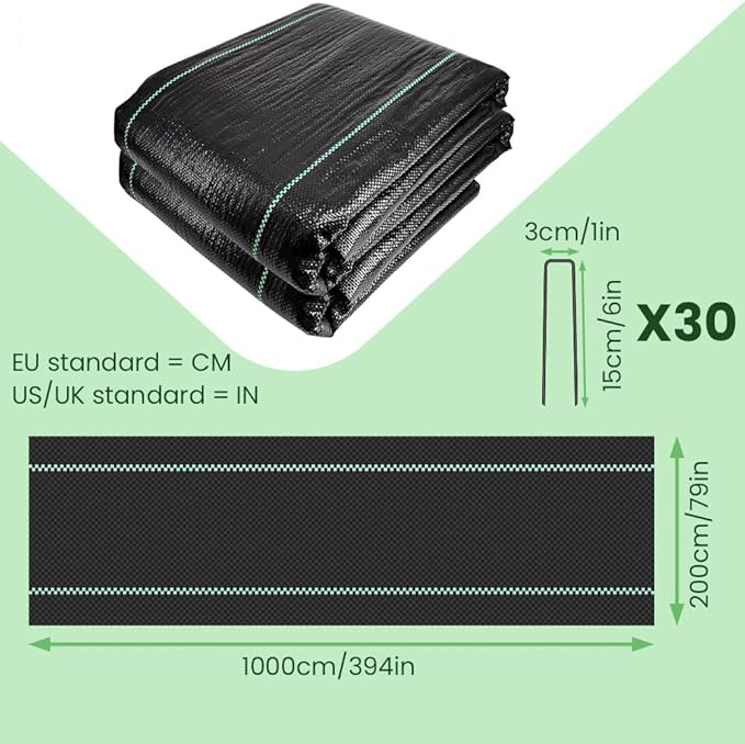 Toile de Paillage avec 30pcs de Piquets Contre Les Mauvais Herbes 10Mx2M en Fibres de Polypropylène Tissées Anti-UV 100g/m2 Résistant Aux Déchirures Piquets de Fixation Fournis