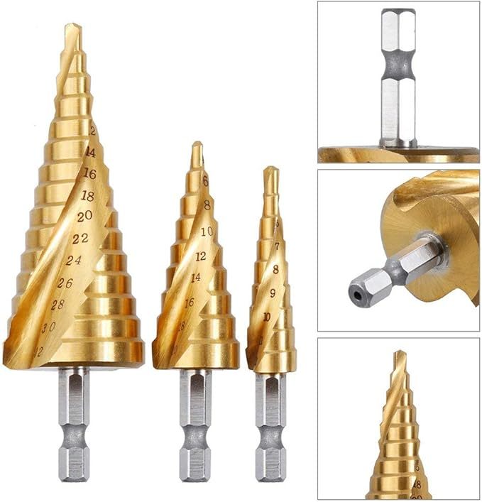 3PCS Foret Fraise Meche Etage, HSS Inox Metal, 4-12/20/32mm, Triangle Conique Titane, avec Tige Hexagone, Pour Visseuse Percage sur Acier, Laiton, Bois, Plastique