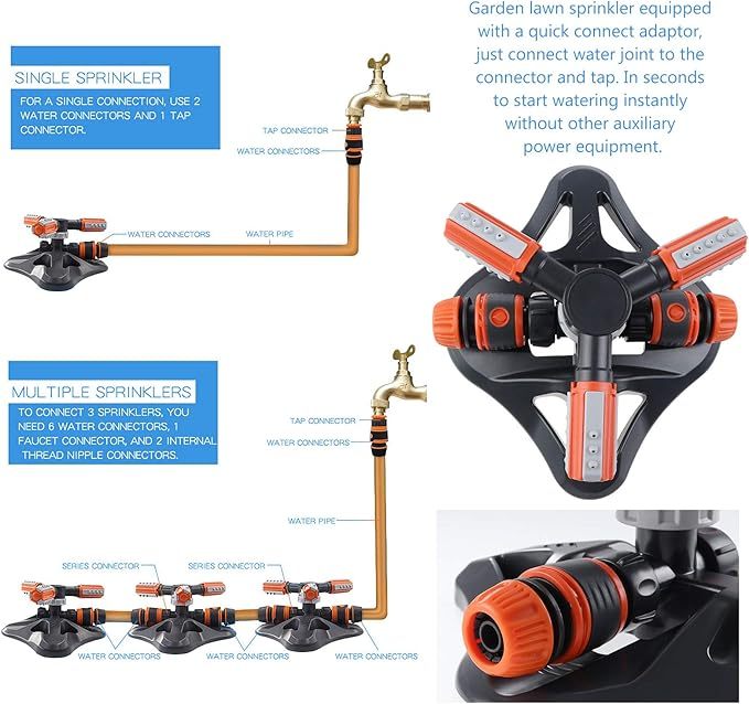 Arroseur de Jardin, Arroseur de Pelouse Automatique Rotatif 360° à 3 Bras Arrosage Irrigation pour Pelouse Jardin Champ