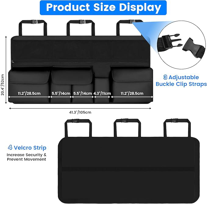 Organisateur Coffre Voiture Rangement avec 9 Poches, Multipurpose Organisateur de Coffre Sacs de Coffre de Voiture Pliables, Tissu Oxford imperméable(105 x 52 cm/noir)