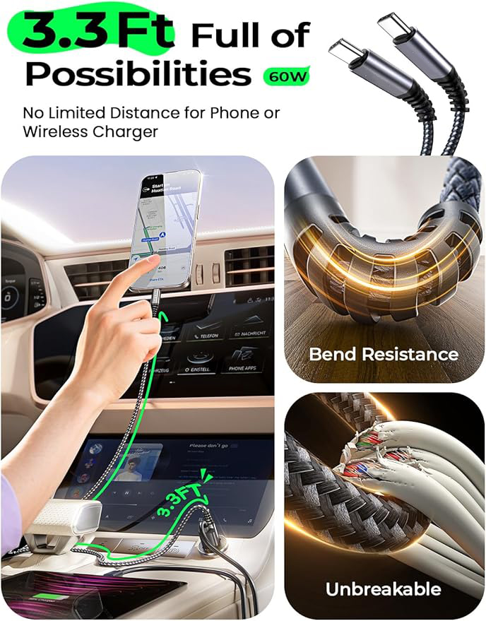 Adaptateur chargeur de voiture USB C 69 W 12 V Prise USB [USBC 36 W + PPS 33 W] 60 W Câble USB C PD3.0 Chargeur de téléphone de voiture allume-cigare Chargeur USB 