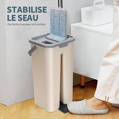 Balai Serpillère, Balai Plat Microfibre et Seau Essoreur avec 3 Serpillères Réutilisables, Serpillière Rotative avec Manche INOX, Serpillere Professionnel pour Sols Carrelés, Parquets