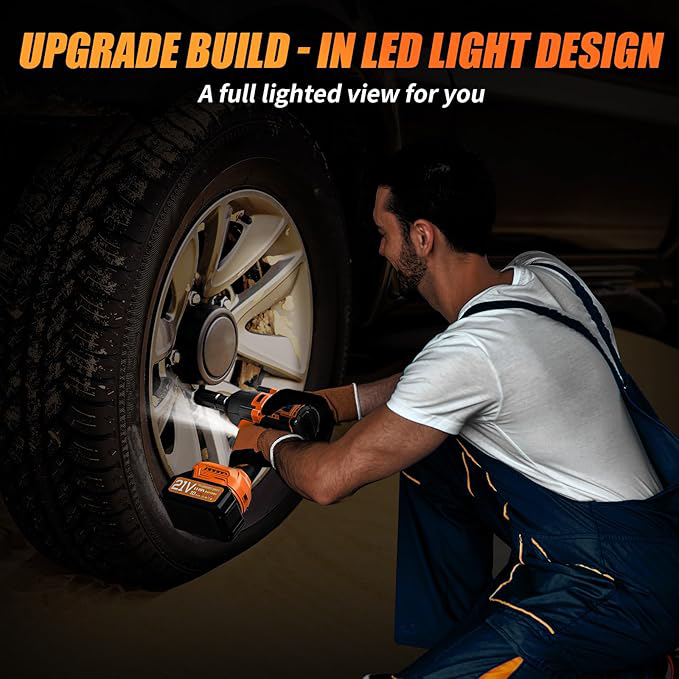 Clé à Chocs Sans Fil Brushless, Couple Maximal 1200 Nm, 1/2" avec Deux Batteries 4,0 Ah, Clé à Chocs Électrique 21V pour Voiture Familiale/Camionnette/Tondeuse