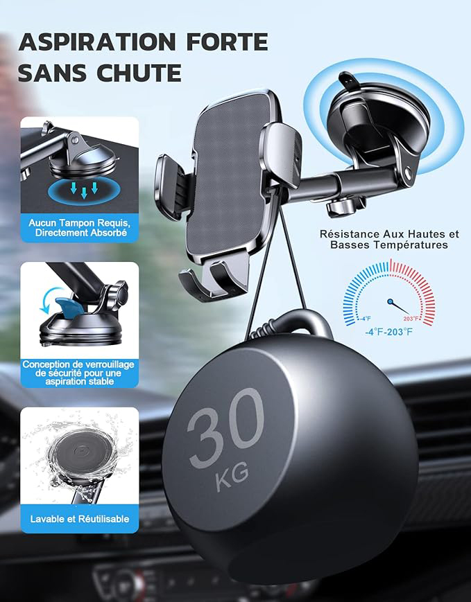 Support Téléphone Voiture, 2025 Amélioré [Ventouse Ultra Puissante] Porte Voiture Telephone Tableau de Bord, Rotation 360° & Opération à Une Main, Attache Voiture Pare-Brise (4-7" Smartphone)