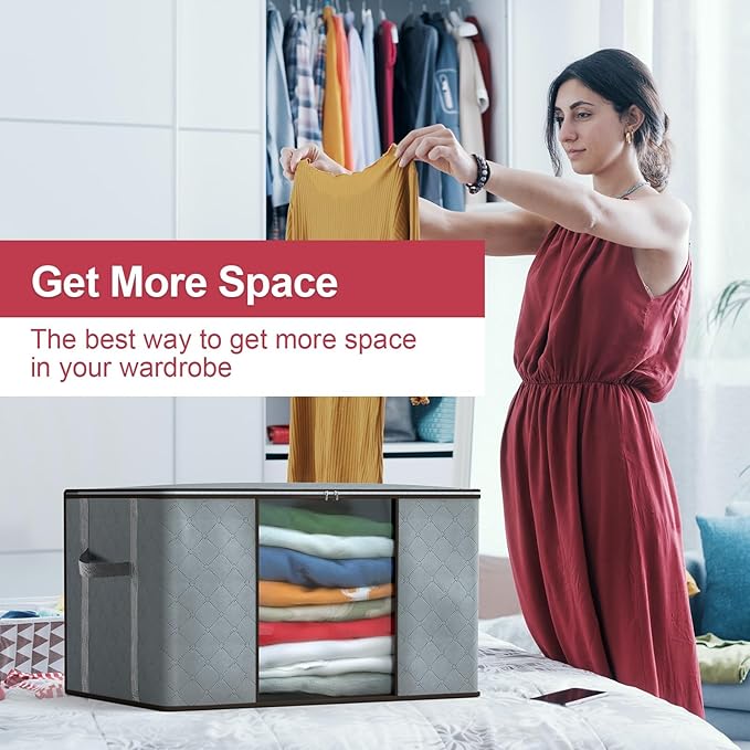 Grand Sac de Rangement 4 Set, Boite de Rangement Vetement Caisse Rangement, Housse de Rangement Couette Poignée Renforcée Cartons Déménagement Couvertures, Rangement Placard Vetement, Gris