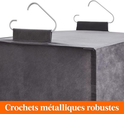  Lot de 2 Rangement Suspendu avec 5 Étagères et 2 Crochets Solides, Étagères de Rangement Armoire pour Placard, Organisateur Pliable, Rangement Vetement, Gris