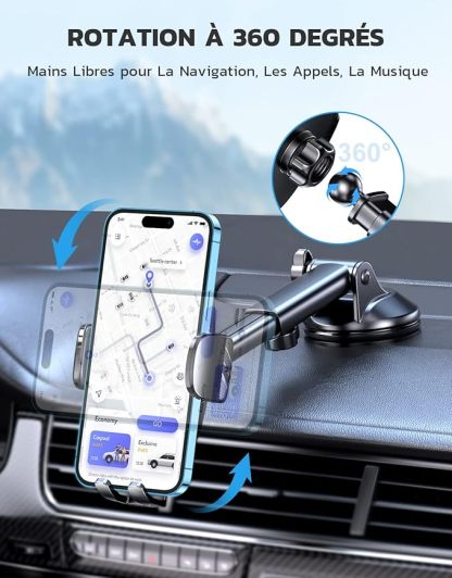 Support Téléphone Voiture, 2025 Amélioré [Ventouse Ultra Puissante] Porte Voiture Telephone Tableau de Bord, Rotation 360° & Opération à Une Main, Attache Voiture Pare-Brise (4-7" Smartphone)