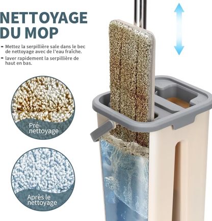 Balai Serpillère, Balai Plat Microfibre et Seau Essoreur avec 3 Serpillères Réutilisables, Serpillière Rotative avec Manche INOX, Serpillere Professionnel pour Sols Carrelés, Parquets