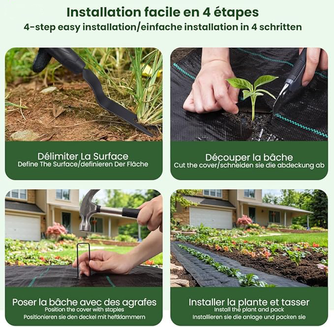 Toile de Paillage avec 30pcs de Piquets Contre Les Mauvais Herbes 10Mx2M en Fibres de Polypropylène Tissées Anti-UV 100g/m2 Résistant Aux Déchirures Piquets de Fixation Fournis