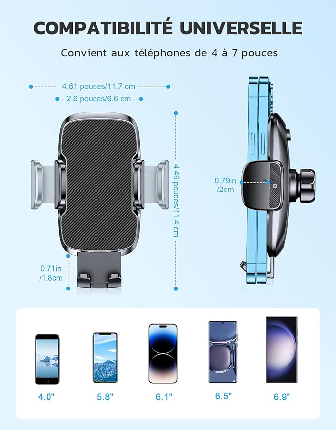 Support Téléphone Voiture, 2025 Amélioré [Ventouse Ultra Puissante] Porte Voiture Telephone Tableau de Bord, Rotation 360° & Opération à Une Main, Attache Voiture Pare-Brise (4-7" Smartphone)