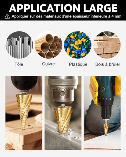 3PCS Foret Fraise Meche Etage, HSS Inox Metal, 4-12/20/32mm, Triangle Conique Titane, avec Tige Hexagone, Pour Visseuse Percage sur Acier, Laiton, Bois, Plastique