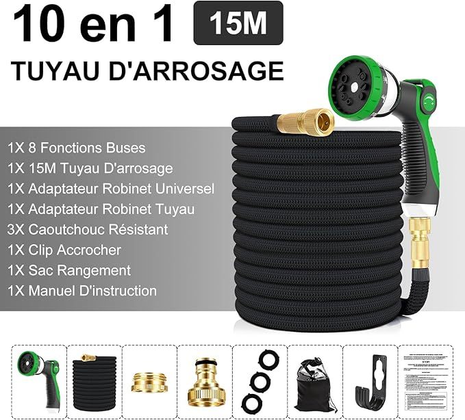 Tuyau d'arrosage Extensible 15m, Upgraded, Tuyau Flexible＆Léger avec 10 Modes d'arrosage pour Irrigation, Raccords Cuivre Haute Qualité,Nettoyage du Jardin,Laver la Voiture, Baigner Animal