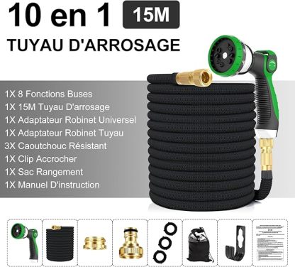 Tuyau d'arrosage Extensible 15m, Upgraded, Tuyau Flexible＆Léger avec 10 Modes d'arrosage pour Irrigation, Raccords Cuivre Haute Qualité,Nettoyage du Jardin,Laver la Voiture, Baigner Animal