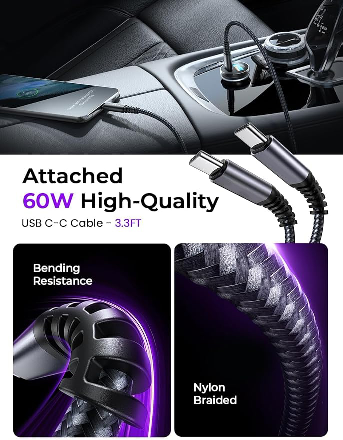 Adaptateur chargeur de voiture USB C 69 W 12 V Prise USB [USBC 36 W + PPS 33 W] 60 W Câble USB C PD3.0 Chargeur de téléphone de voiture allume-cigare Chargeur USB 