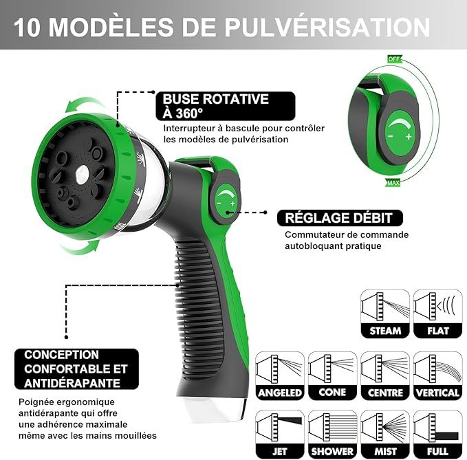 Tuyau d'arrosage Extensible 15m, Upgraded, Tuyau Flexible＆Léger avec 10 Modes d'arrosage pour Irrigation, Raccords Cuivre Haute Qualité,Nettoyage du Jardin,Laver la Voiture, Baigner Animal