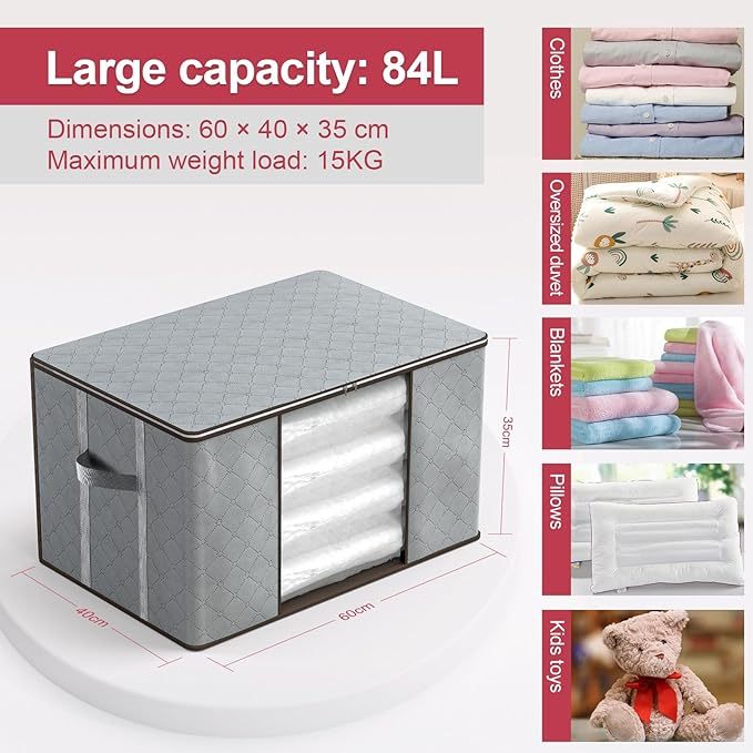 Grand Sac de Rangement 4 Set, Boite de Rangement Vetement Caisse Rangement, Housse de Rangement Couette Poignée Renforcée Cartons Déménagement Couvertures, Rangement Placard Vetement, Gris