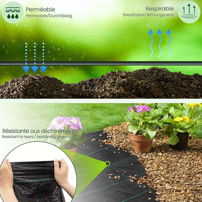 Toile de Paillage avec 30pcs de Piquets Contre Les Mauvais Herbes 10Mx2M en Fibres de Polypropylène Tissées Anti-UV 100g/m2 Résistant Aux Déchirures Piquets de Fixation Fournis