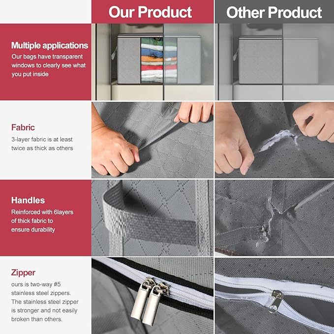 Grand Sac de Rangement 4 Set, Boite de Rangement Vetement Caisse Rangement, Housse de Rangement Couette Poignée Renforcée Cartons Déménagement Couvertures, Rangement Placard Vetement, Gris