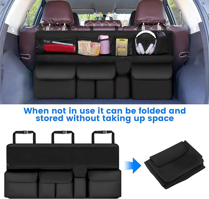 Organisateur Coffre Voiture Rangement avec 9 Poches, Multipurpose Organisateur de Coffre Sacs de Coffre de Voiture Pliables, Tissu Oxford imperméable(105 x 52 cm/noir)