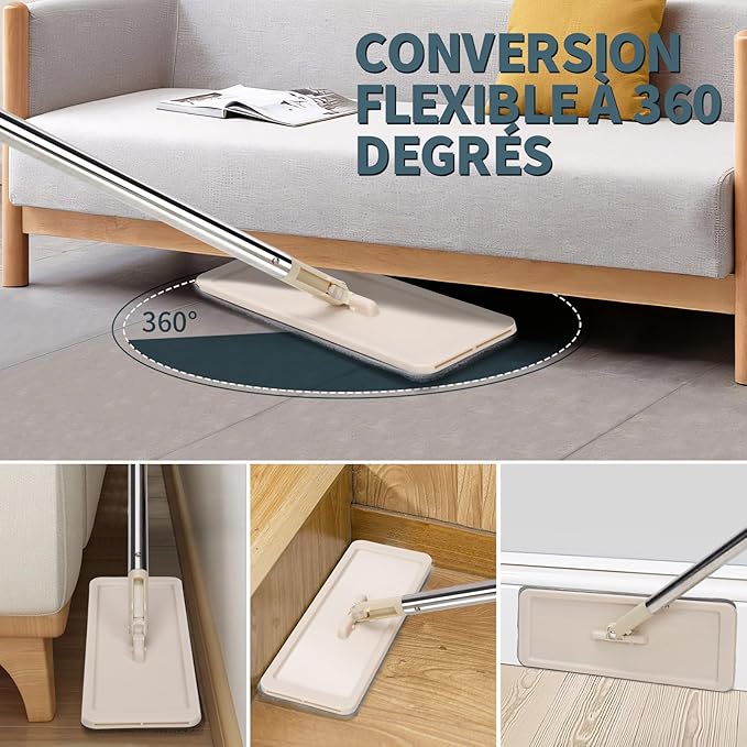 Balai Serpillère, Balai Plat Microfibre et Seau Essoreur avec 3 Serpillères Réutilisables, Serpillière Rotative avec Manche INOX, Serpillere Professionnel pour Sols Carrelés, Parquets