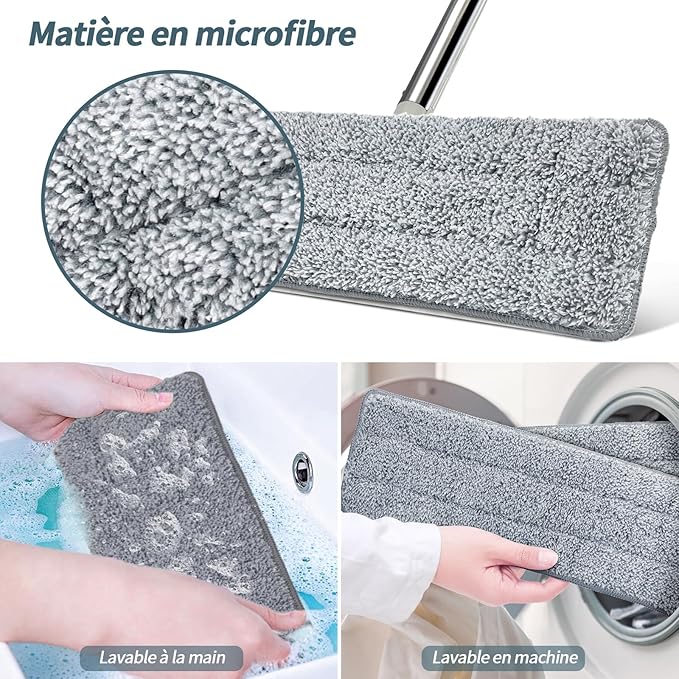 Balai Serpillère, Balai Plat Microfibre et Seau Essoreur avec 3 Serpillères Réutilisables, Serpillière Rotative avec Manche INOX, Serpillere Professionnel pour Sols Carrelés, Parquets