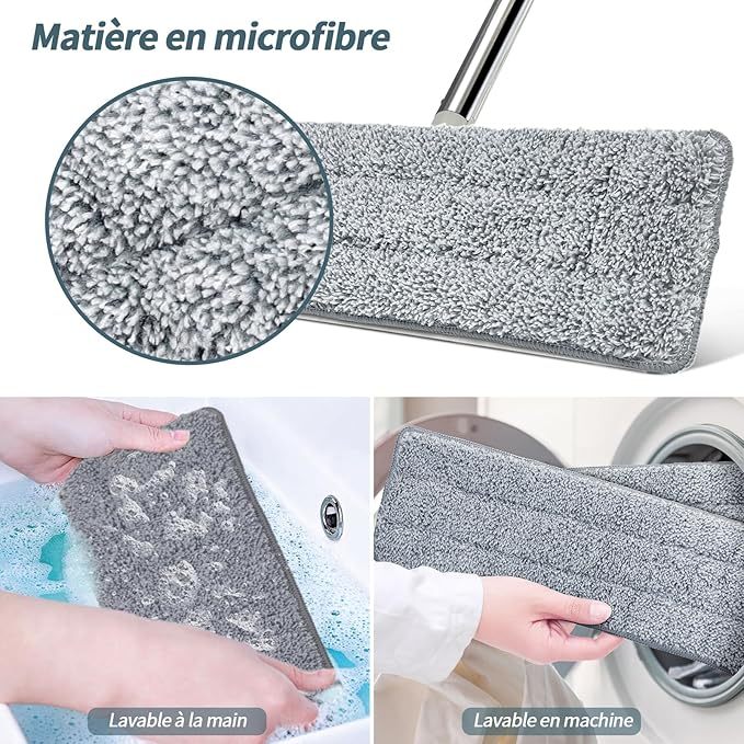 Balai Serpillère, Balai Plat Microfibre et Seau Essoreur avec 3 Serpillères Réutilisables, Serpillière Rotative avec Manche INOX, Serpillere Professionnel pour Sols Carrelés, Parquets