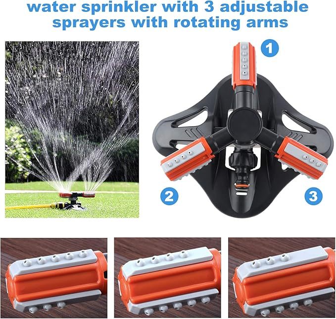 Arroseur de Jardin, Arroseur de Pelouse Automatique Rotatif 360° à 3 Bras Arrosage Irrigation pour Pelouse Jardin Champ