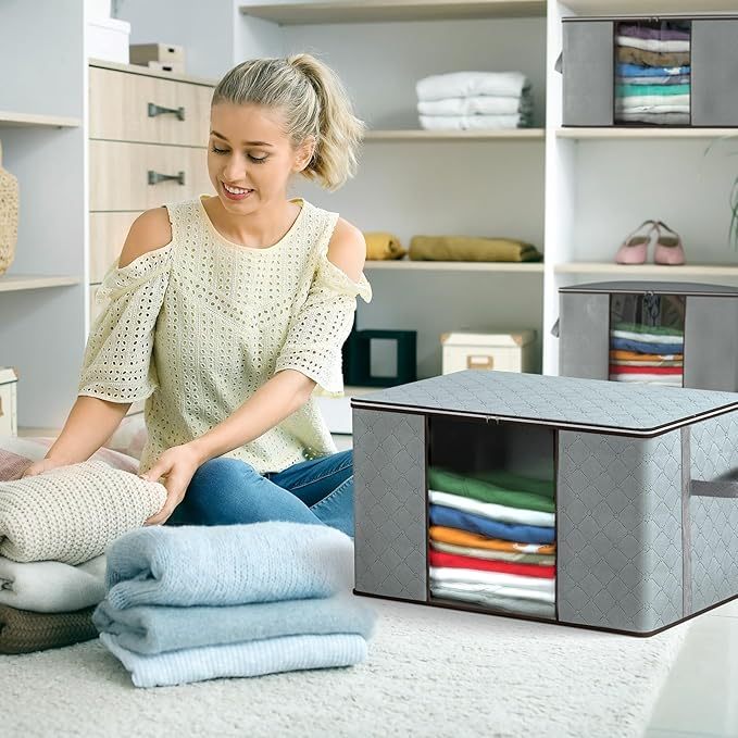 Grand Sac de Rangement 4 Set, Boite de Rangement Vetement Caisse Rangement, Housse de Rangement Couette Poignée Renforcée Cartons Déménagement Couvertures, Rangement Placard Vetement, Gris