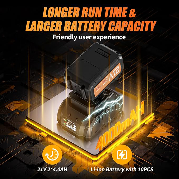 Clé à Chocs Sans Fil Brushless, Couple Maximal 1200 Nm, 1/2" avec Deux Batteries 4,0 Ah, Clé à Chocs Électrique 21V pour Voiture Familiale/Camionnette/Tondeuse