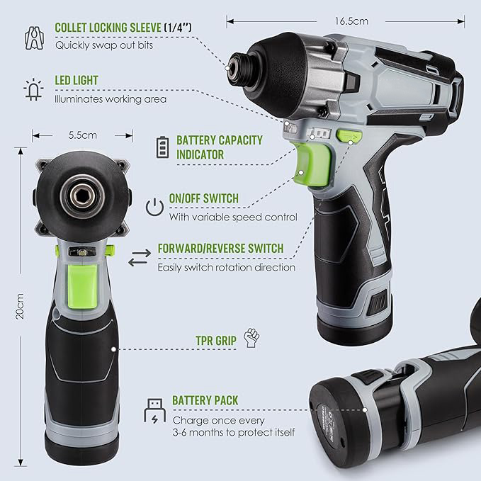  Visseuse à Choc sans Fil 12V avec Batterie 2,0A, Couple de 100N.m, 2000 tr/min, Clé à Choc avec Mandrin à Changement Rapide 6mm et Charge en 1 Heure, Lampe LED, 14 Accessoires et Sac à outils
