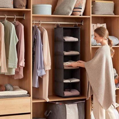  Lot de 2 Rangement Suspendu avec 5 Étagères et 2 Crochets Solides, Étagères de Rangement Armoire pour Placard, Organisateur Pliable, Rangement Vetement, Gris