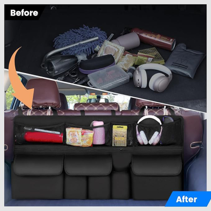 Organisateur Coffre Voiture Rangement avec 9 Poches, Multipurpose Organisateur de Coffre Sacs de Coffre de Voiture Pliables, Tissu Oxford imperméable(105 x 52 cm/noir)