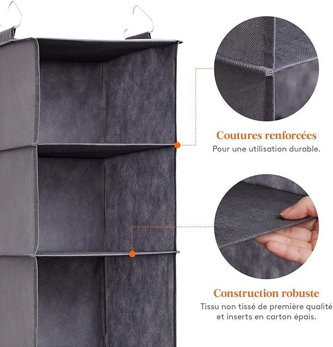  Lot de 2 Rangement Suspendu avec 5 Étagères et 2 Crochets Solides, Étagères de Rangement Armoire pour Placard, Organisateur Pliable, Rangement Vetement, Gris