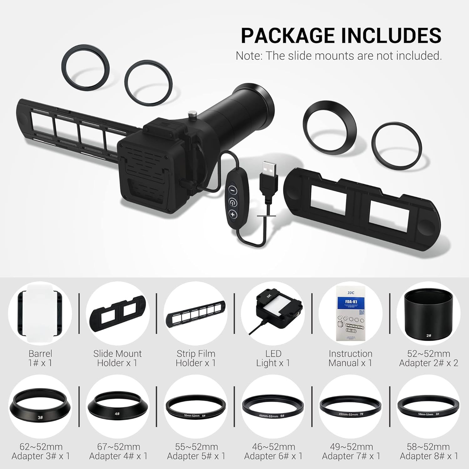 Convert 35mm slides/negatives to digital with 7 lens adapters (Canon/Nikon/Sony). Built-in 6500K LED backlight (CRI 95+, 10-level brightness) ensures true colors. Adjustable angle ring & manual focus for sharp scans. Avoid incandescent lights. Compact design for home/pro use.

