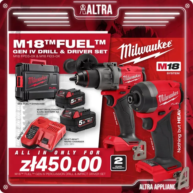 Targi Milwaukee w Niemczech - zestaw kombinowany bezprzewodowego młota udarowego i wkrętarki Milwaukee 18V, dostępny w ograniczonej ofercie za jedyne 450złotych.