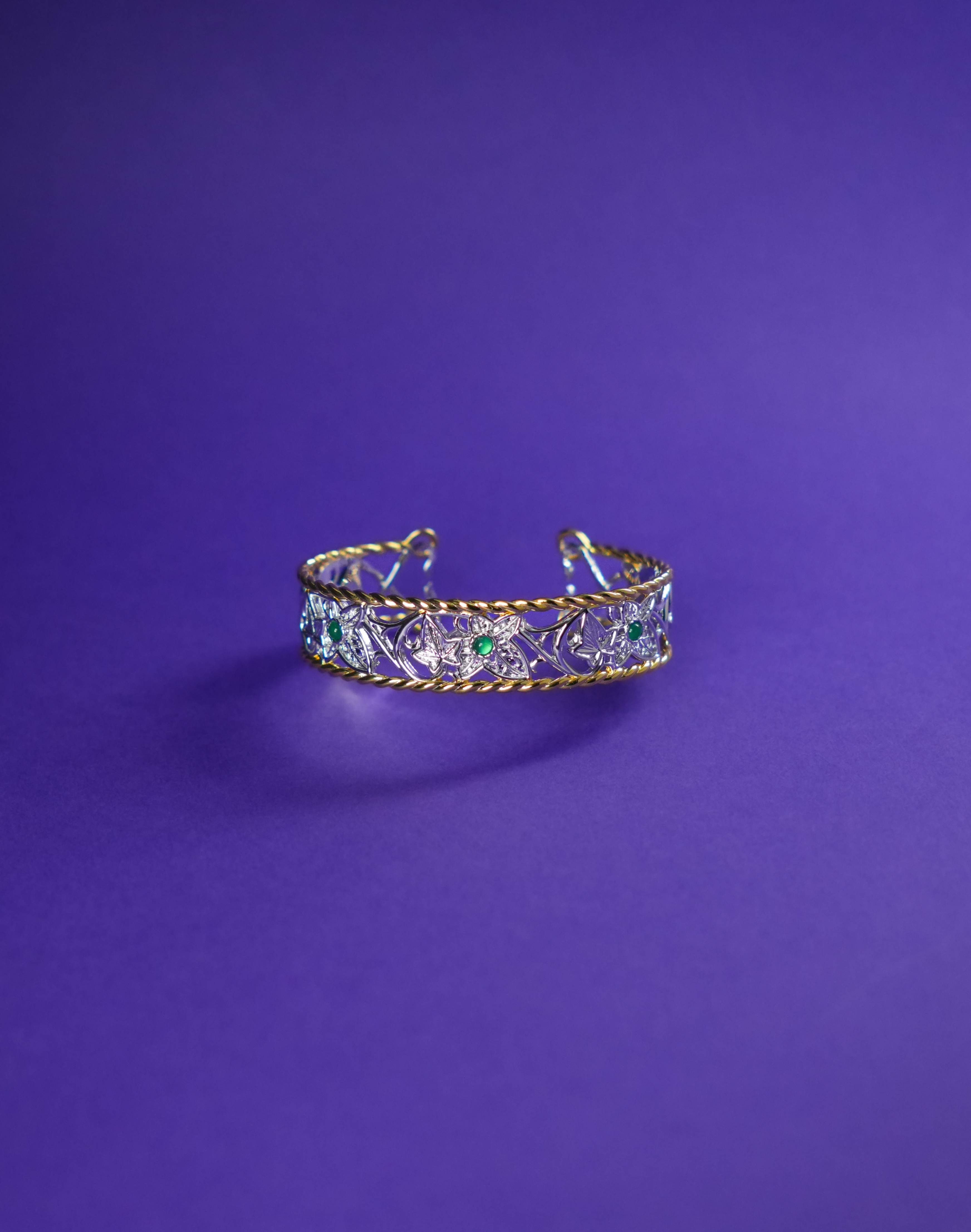 The Eternal Ivy Openwork Silver Bracelet with Chrysoprase in purple background