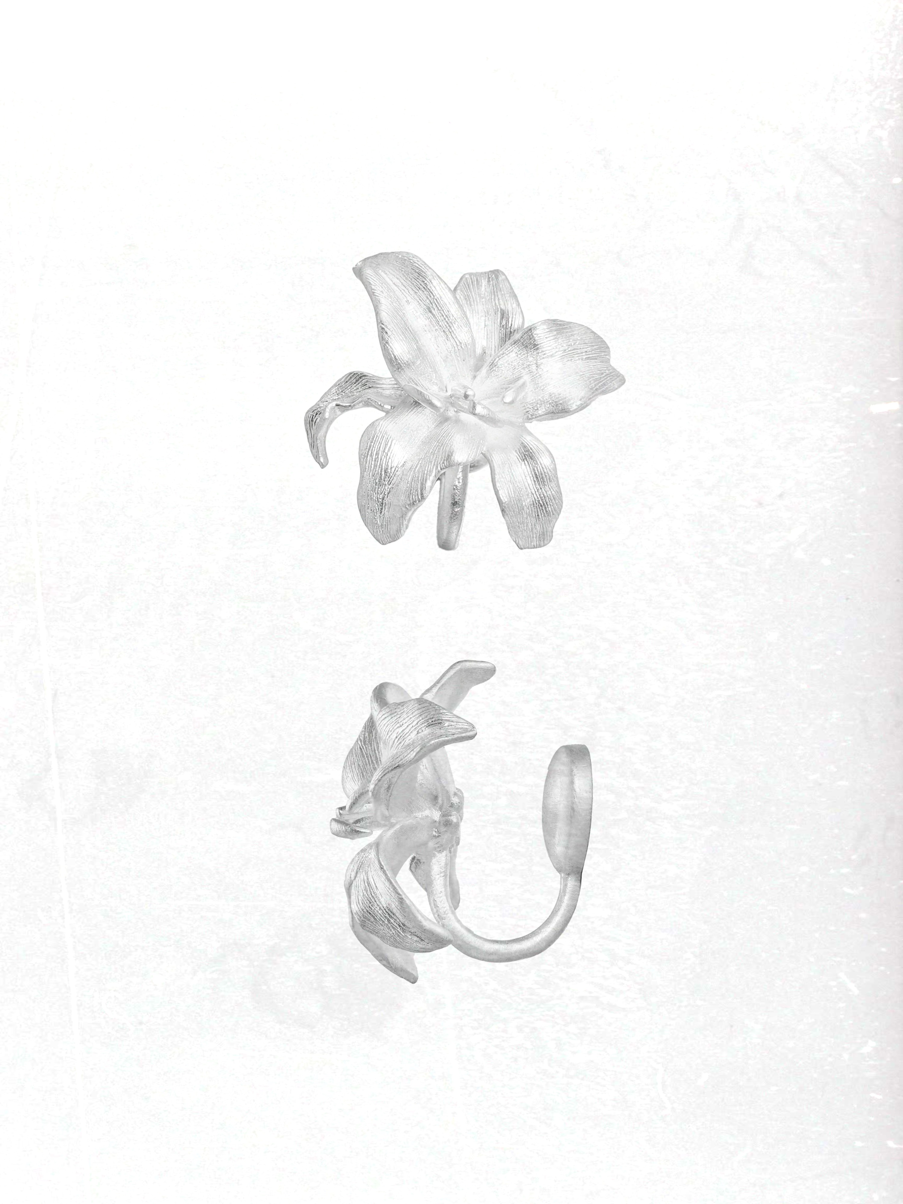 Oriental Lily Porcelain Ear Cuff white background - Zijuan Jewelry