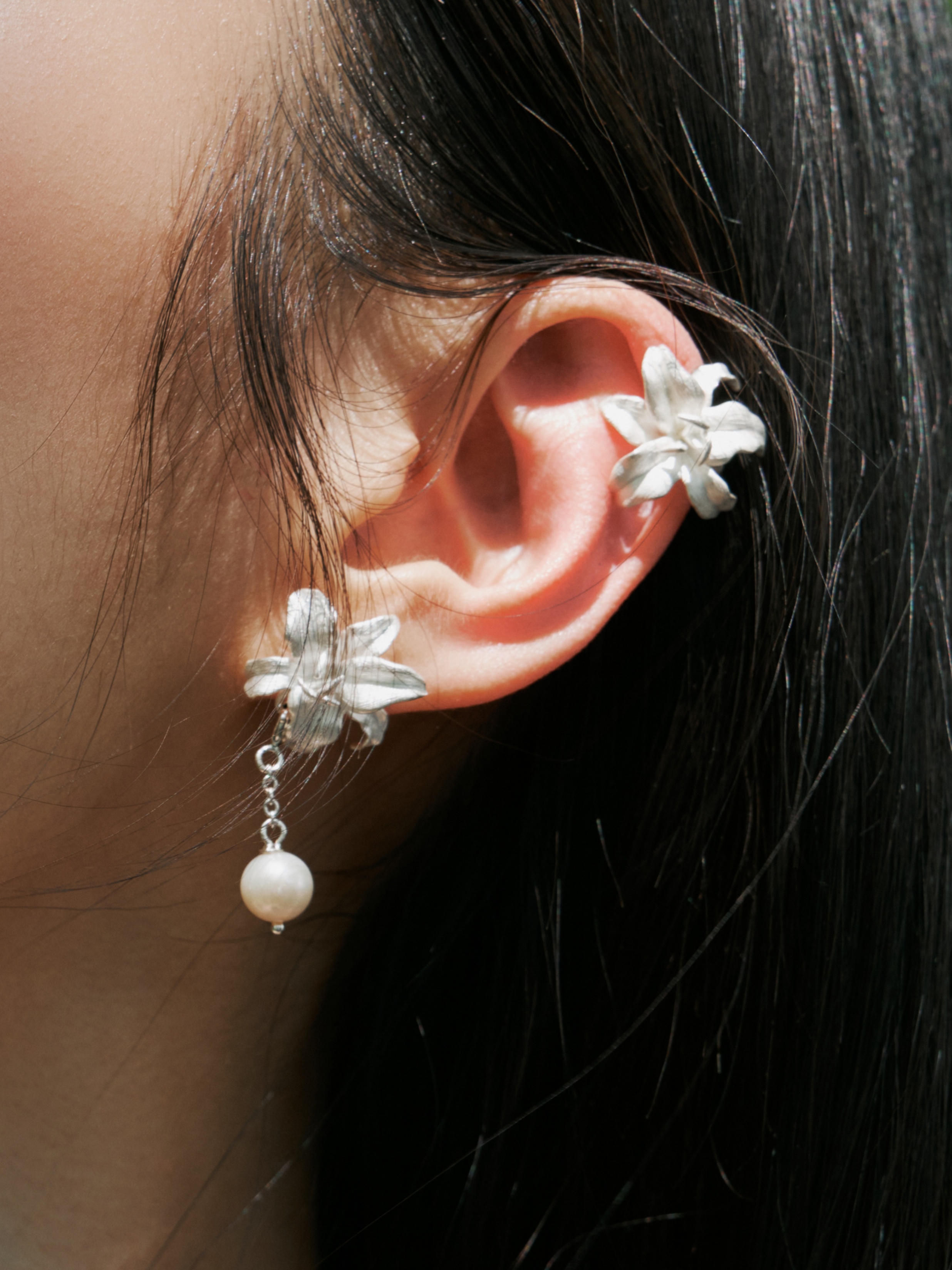 Oriental Lily Porcelain Pearl Earrings (Pair) + Oriental Lily Ear Cuff - Zijuan Jewelry
