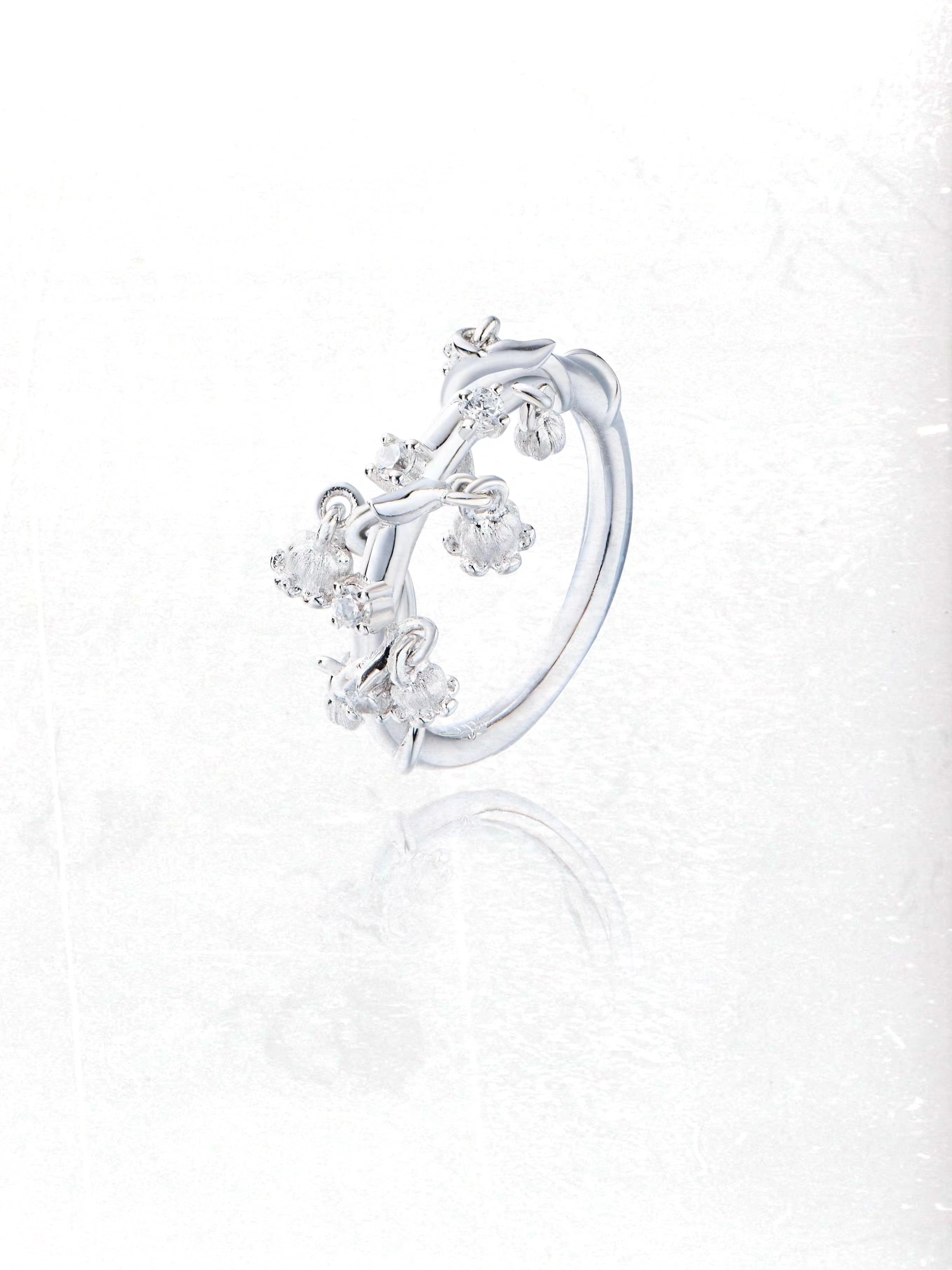 Lily of The Valley Dewdrop Ring white backgound - Zijuan Jewelry