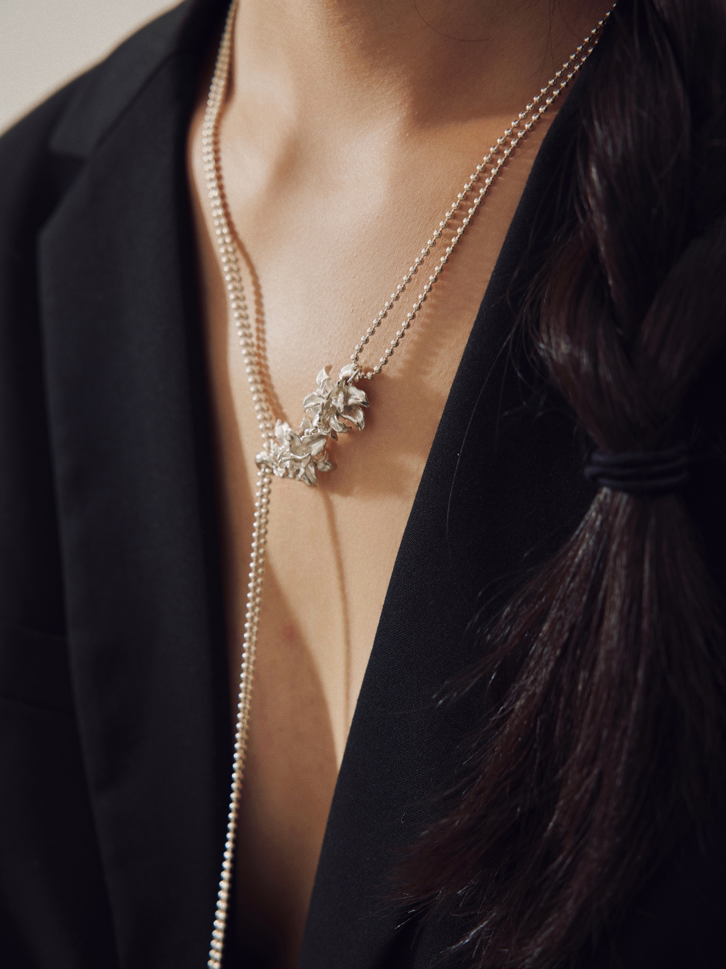 Double Petal Oriental Lily Silver Beads Chain - Zijuan Jewelry