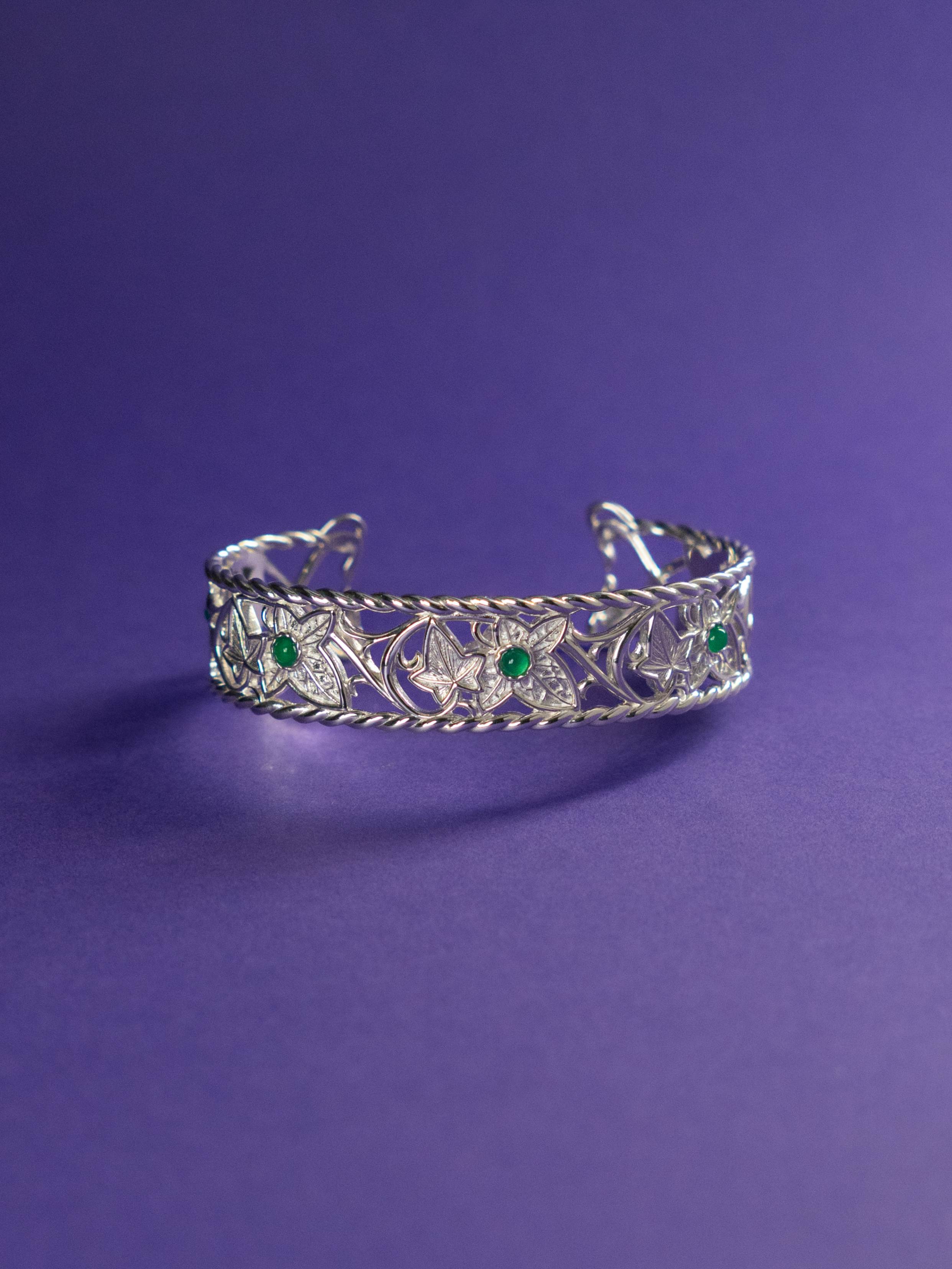 The Eternal Ivy Openwork Bracelet with Chrysoprase in purple background