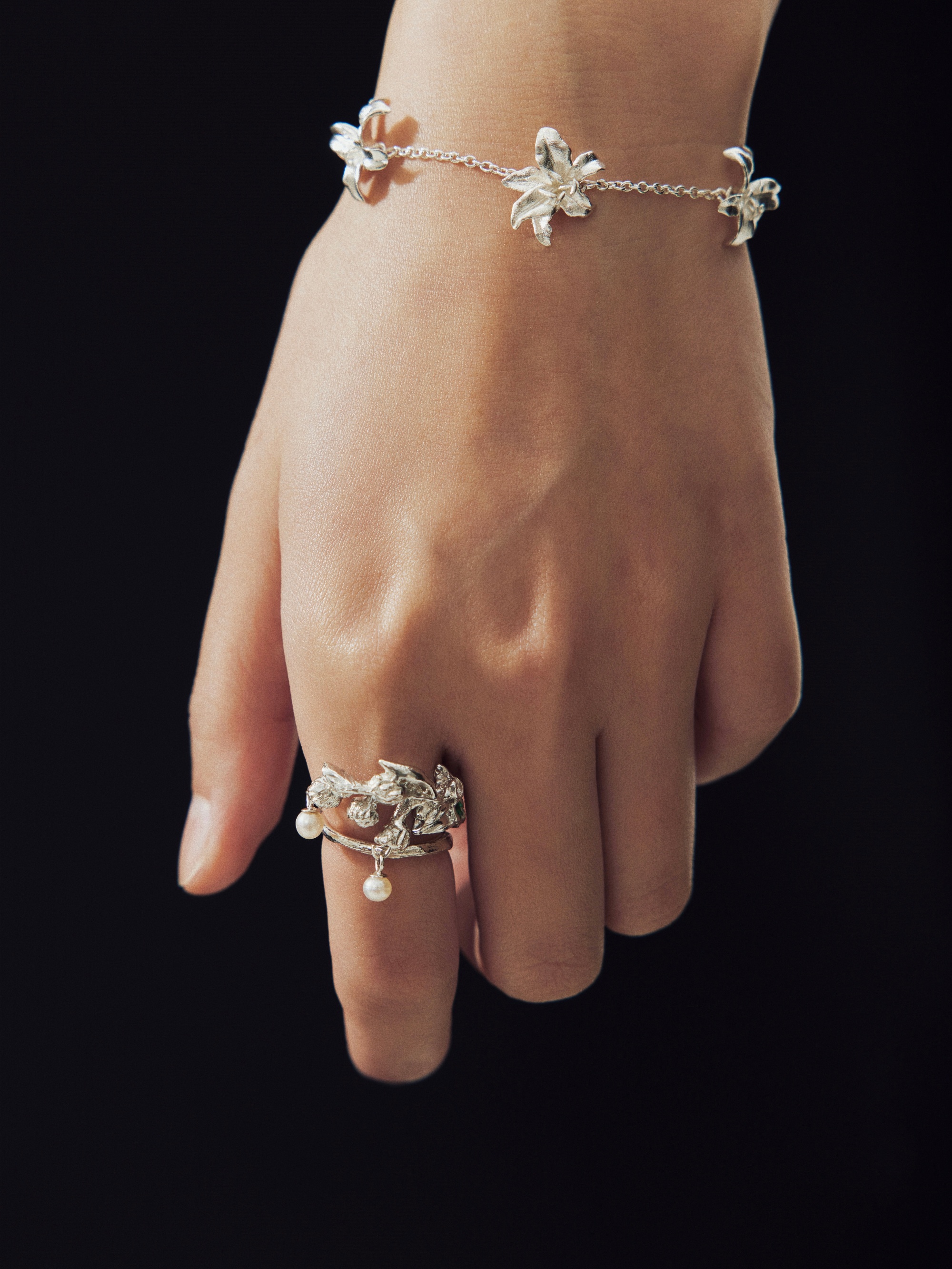 Lily of The Valley Pearl Wrap Ring + Oriental Lily Bracelet - Zijuan Jewelry