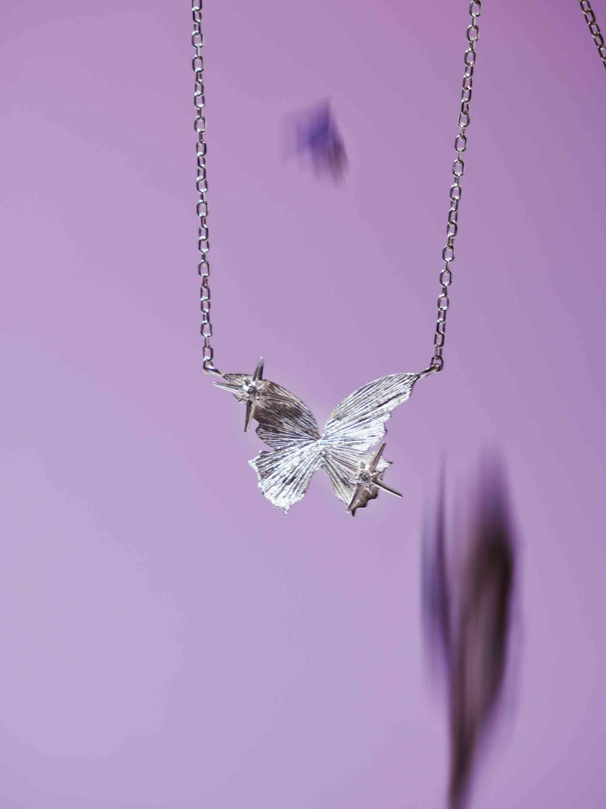 Fireflies·Butterfly Necklace Silver with violet background