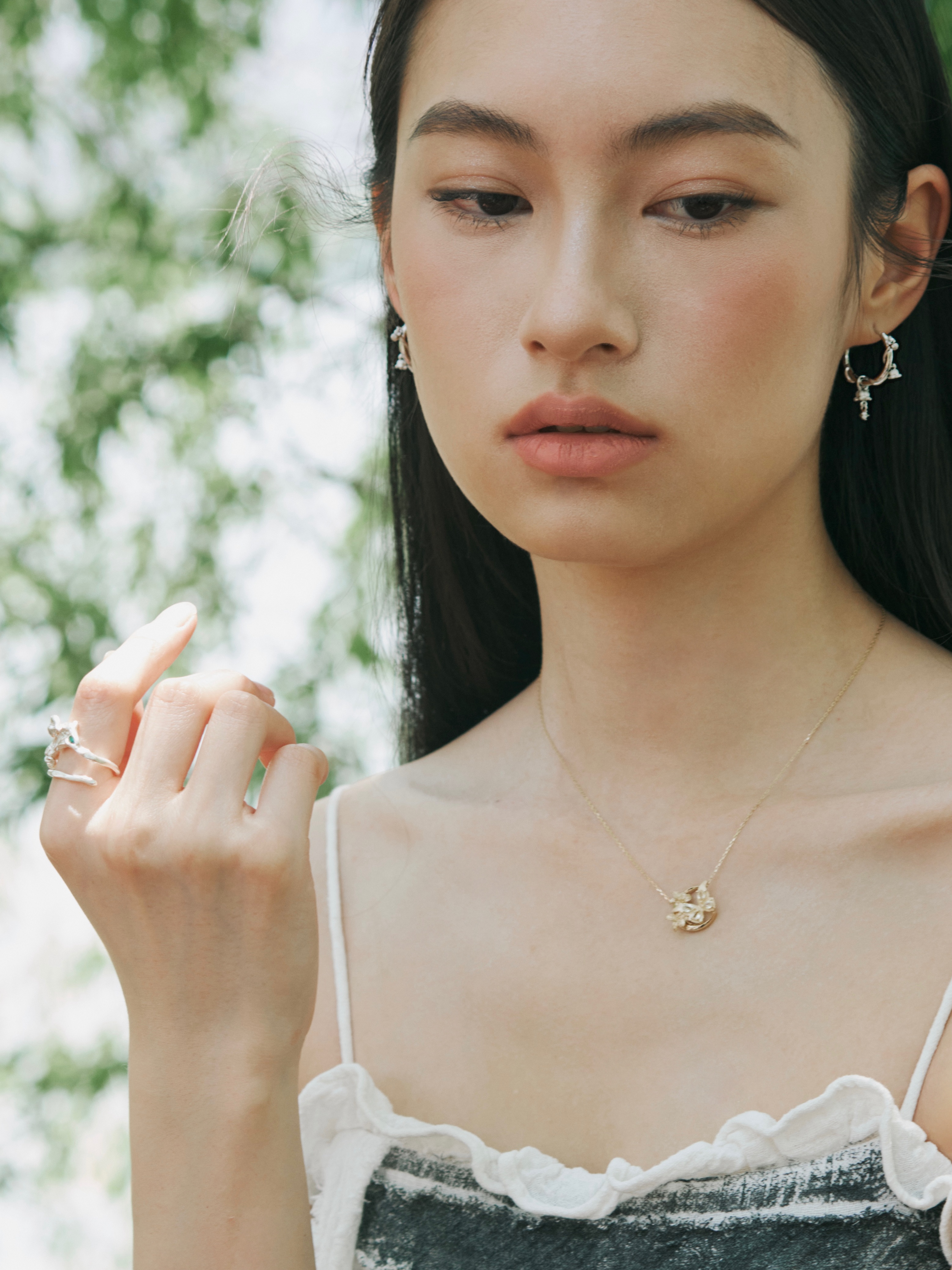 Lily of The Valley Dewdrop Threader Earrings + wrap ring - Zijuan Jewelry