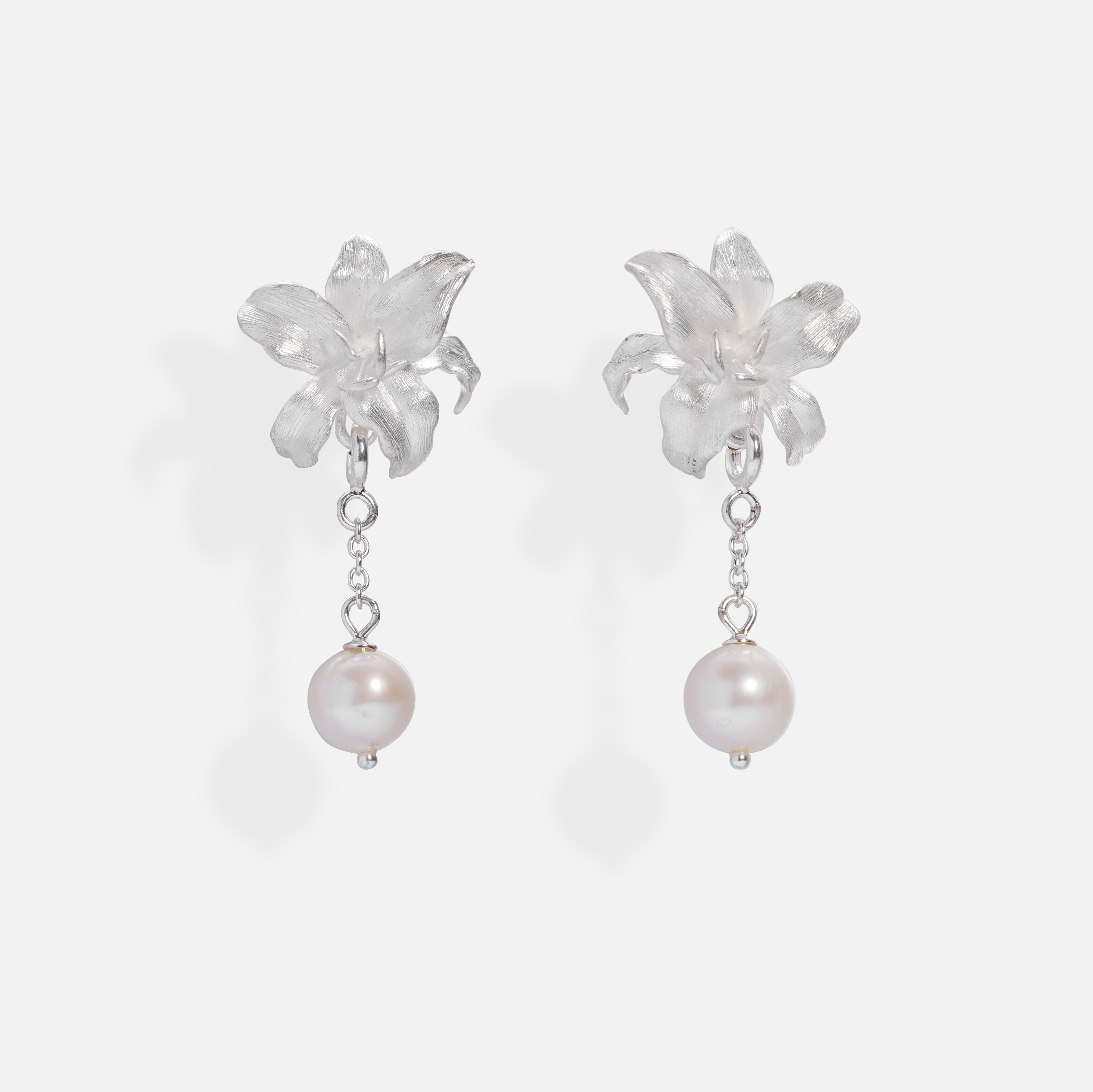 Oriental Lily Porcelain Pearl Earrings (Pair) white background - Zijuan Jewelry