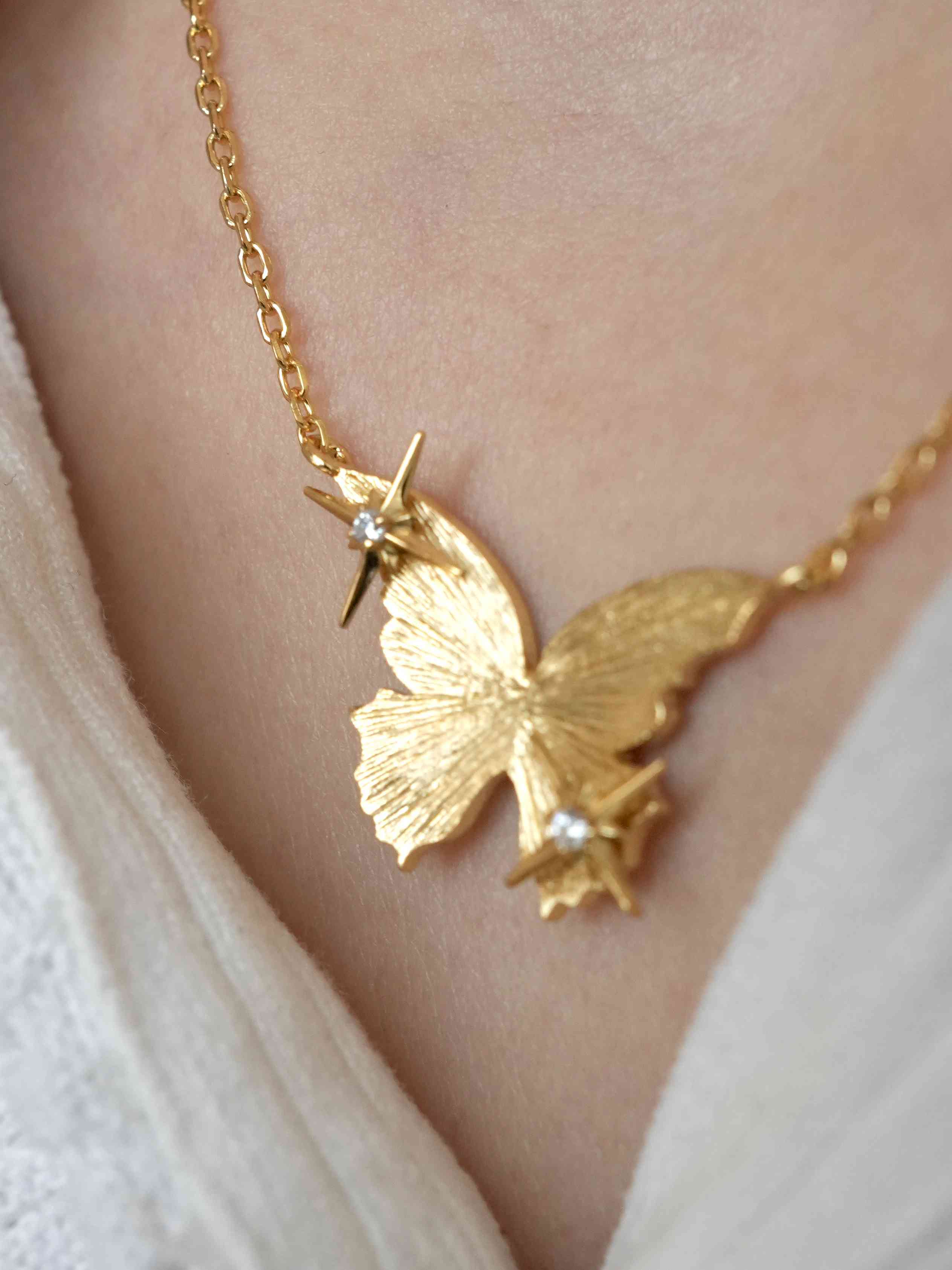 Wearing Fireflies·Butterfly Necklace Gold an d Silver Color 