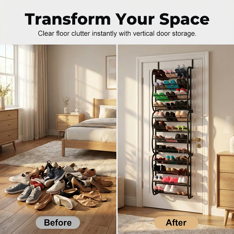 🚪✨Over-the-Door Shoe Organizer - 24 Pockets and Tool-Free Installation - Fits standard doors, holds up to 24 pairs - ideal for hallway or closet
