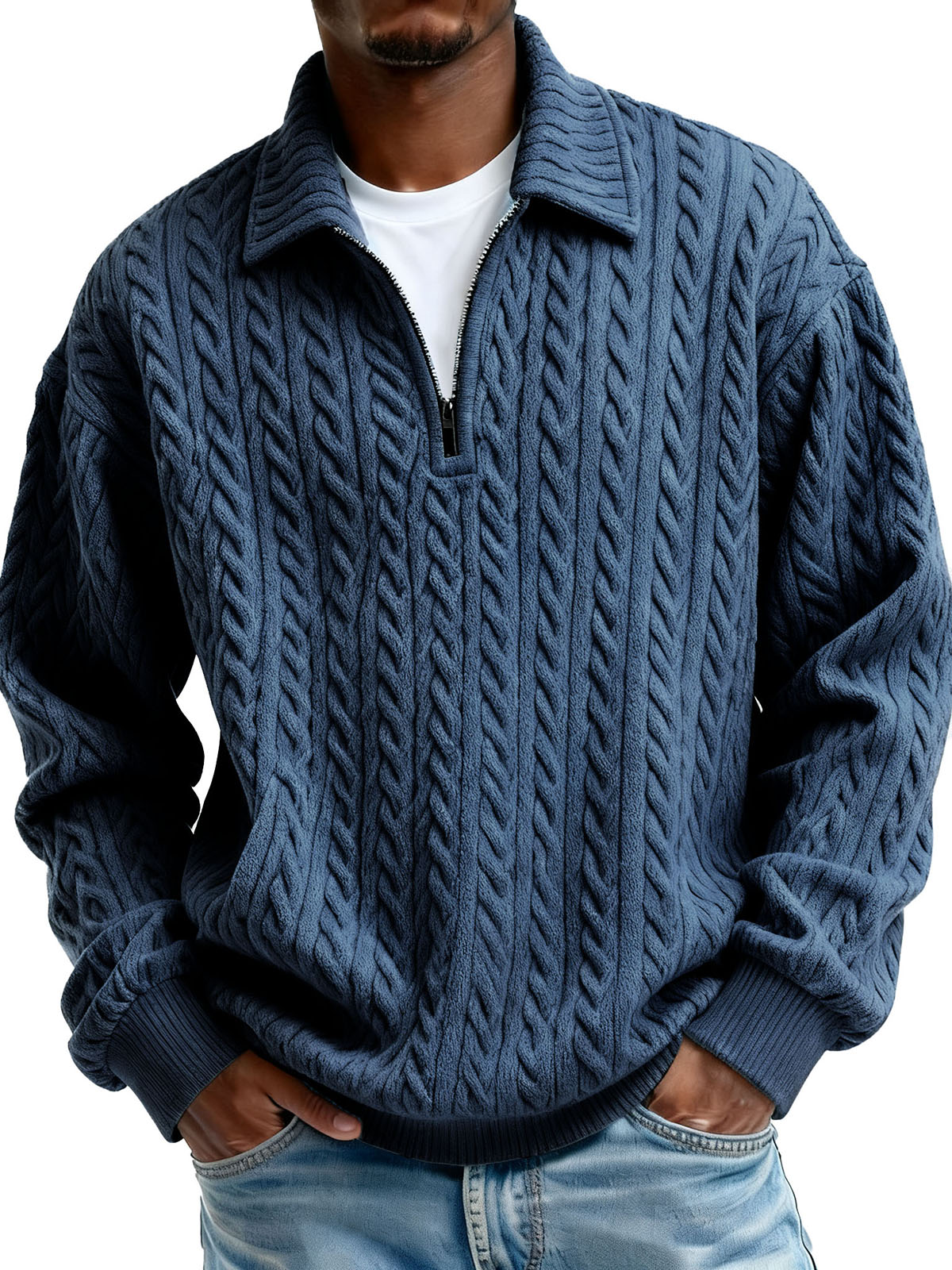 Men's Clothing Fashionable Casual Twist Texture Fabric Lapel Zipper Long-sleeved Hoodie