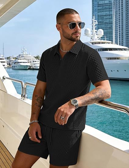 Men's 2 Pieces Outfits Casual Polo Shirt and Shorts Set Collar Athletic Jogging Summer Tracksuit